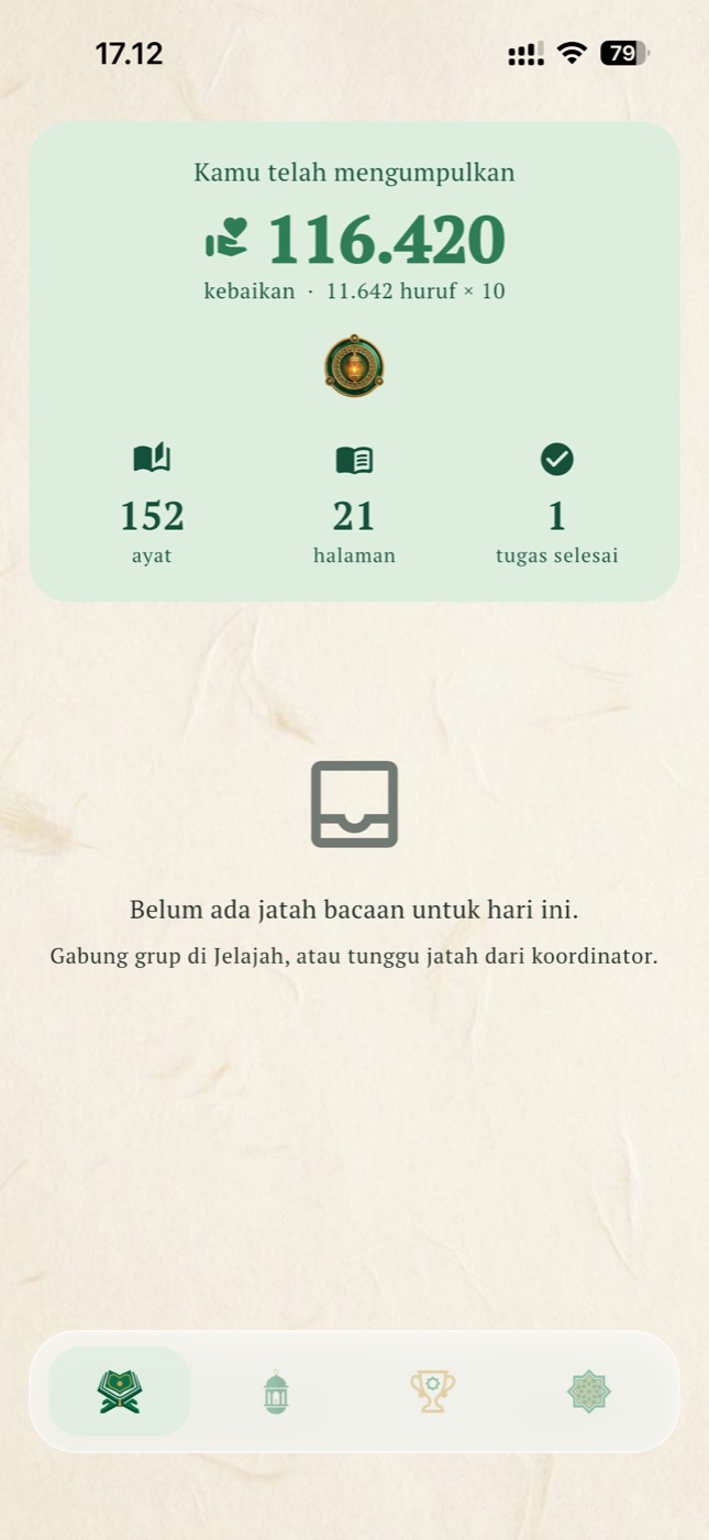 Daily khatam progress and reading stats screen in the BerQuran app